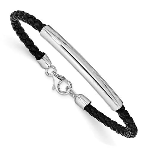 Armband aus 925er-Sterlingsilber, poliert, nicht gravierbar, geflochtenes schwarzes Lederarmband, Karabiner, misst 3 mm breit, Schmuckgeschenke für Frauen, 18 cm, 18 cm, Sterling-Silber