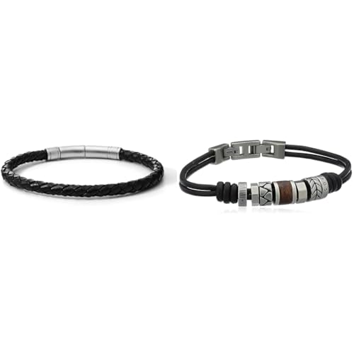 Fossil Herren Armband Leder JF00510797 & Armband Für Männer, Länge: 20 + 1,5 Cm Silbernes Edelstahlarmband, JF84196040