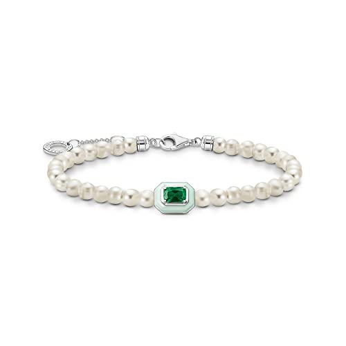 Thomas Sabo Damen Armband mit weißen Perlen und grünem Stein, 925 Sterlingsilber, Kaltemail, Länge: 16-19 cm, A2096-082-6-L19v