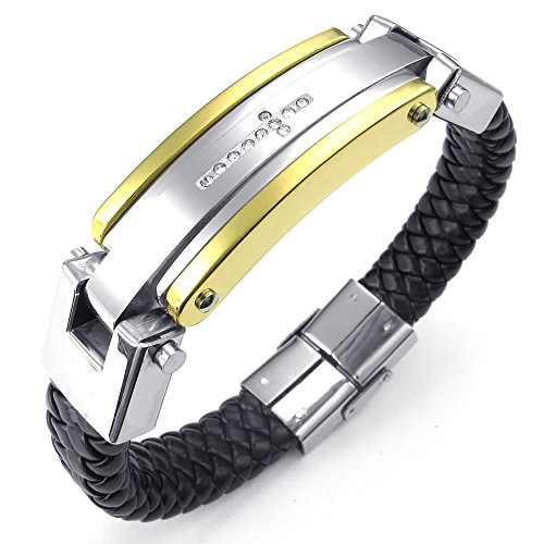 KONOV Jewellery Herren Edelstahl Zirkonia Leder Armband, Kreuz, Schwarz Silber Gold (mit Geschenk Tüte)