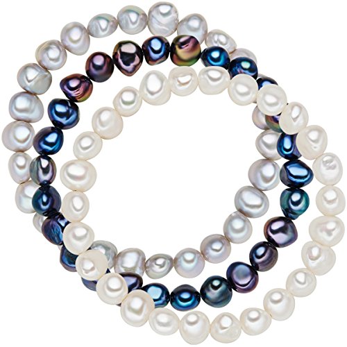 Valero Pearls Damen 3er Set hochwertige Süßwasser Zuchtperle hellgrau weiß blau 19 cm   Perlenarmbänder echten weiss dunkelblau grau 60201782