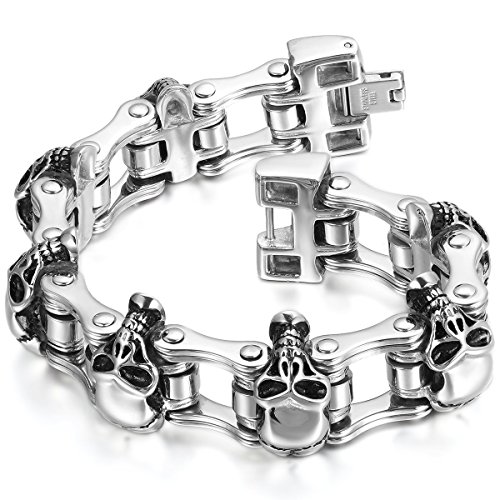 JewelryWe Schmuck Herren Armband, Schwere Gotik Tribal Biker Totenkopf Schädel, Edelstahl, Silber