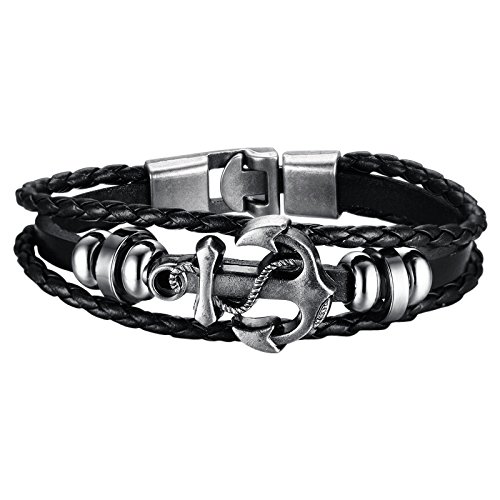 Hanessa Leder Surfer-Armband in Schwarz Anker Herren-Schmuck Edelstahl Geschenk zu Weihnachten für den Freund/Mann