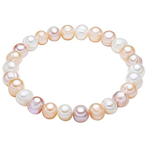 Valero Pearls Damen elastisch Hochwertige Süßwasser Zuchtperlen in ca. 8 mm Barock weiß/apricot/flieder 19 cm   Perlenarmband mit echten weiss aprikose lila 446660