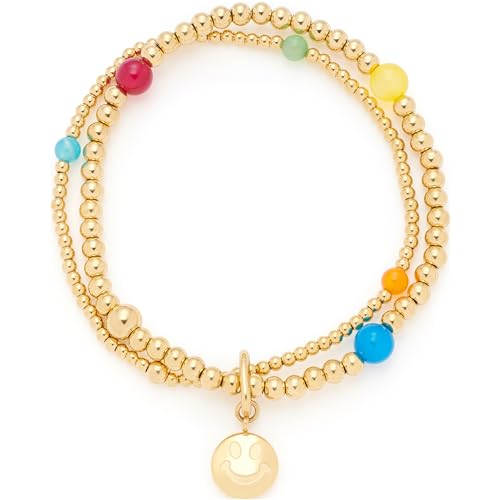 Leonardo Jewels Armband Clip&Mix Smile, doppelreihiges elastisches Armband mit goldfarbenen Edelsathl-Kügelchen, bunte Achat-Perlen, 19,5 cm Länge, personalisierbarer Anhänger, Schmuck Damen, 023750