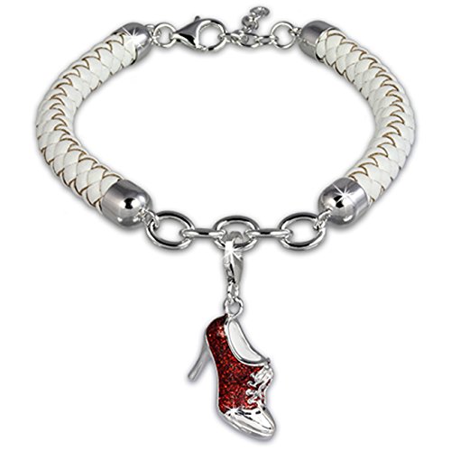 SilberDream Geschenkset - Schuh Stiefelette Glitter rot - 925 Sterling Silber Charm und 925er geflochtenes weißes Lederarmband, Armband und Anhänger - FCA153