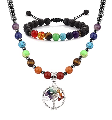 Kakonia Chakra Perlenarmband Ketten Set für Damen Sieben Edelstein Naturstein Armband Heilsteine Armband Schmuck Geburtstag Geschenk für Familie und Freunde