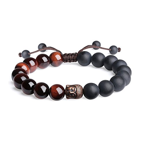 COAI Geschenkideen Herren Armband aus Mattem Onyx Rotes Tigerauge Verstellbarer mit Buddha-Kopf Charm