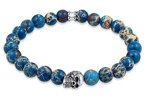 Kuzzoi Buddha Herren Armband mit blauem Achat Edelstein Perlen und Totenkopf in 925 Sterling Silber Anhänger, Yogaarmband, Energiearmband, Länge 21 cm, elastisch, 0205930619