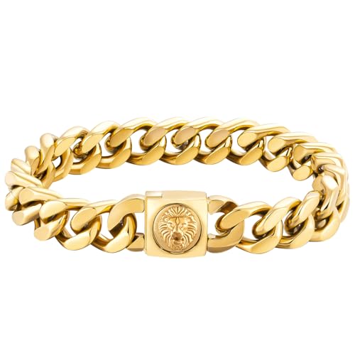 KRKC&CO 12mm Herren Armband mit Löwe Kopf Verschluss, 18K Gold beschichtet Panzerarmband, breite dicke Edelstahl Cuban Armband, Hip Hop Wikinger Biker Schmuck Geschenk für Männer Jungs [Länge 21,6cm]