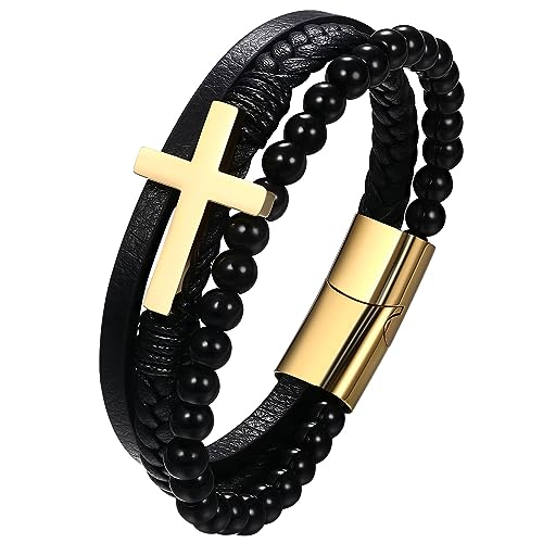 JewelryWe Lederarmband Herren Kreuz Edelstahl - Gold Retro Kreuz mehrschichtig geflochten Leder Armband mit Gravur Männer Armreif Perlenarmband Kugelarmband Manschette