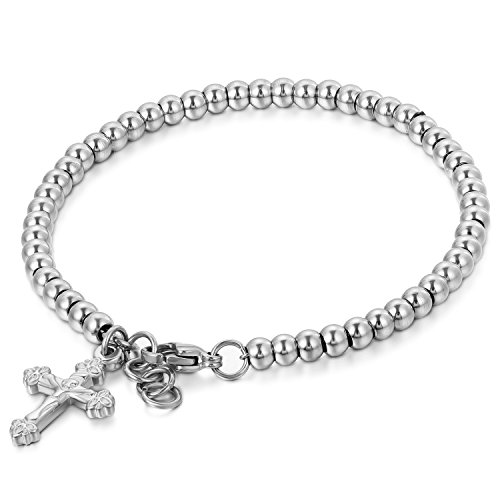 JewelryWe Damen Herren Armband mit Kreuz Anhänger, Edelstahl Kugel Perlenkette Armkette Armreif Silber