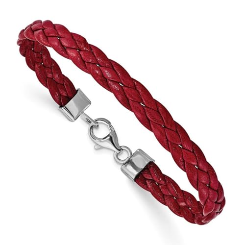 925 Sterling Silber Fancy Karabinerverschluss Rot geflochten Leder Armband Karabiner Schmuck Geschenke für Frauen – 18 cm