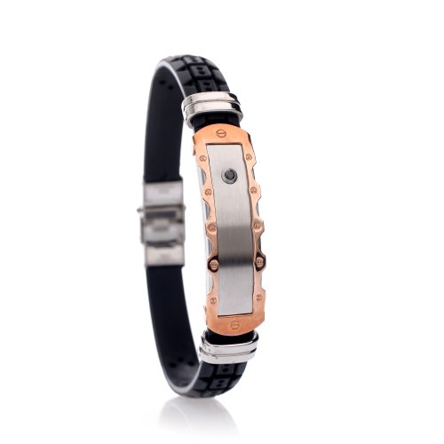 Kautschuk Herrenarmband mit Edelstahl Platte IP Plating Rose Gold - Edelstahl Elemente - 1 CZ Stein Schwarz - SB7613S- 19cm