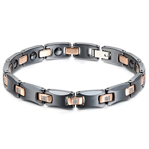 JewelryWe Schmuck Damen Armband, Lieben Freundschaftsarmband, I Rechteckig Link Magnet Charm, Zirkonia Diamant Edelstahl Keramik, Rose Gold Schwarz