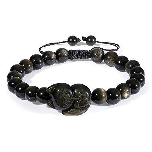 COAI Unisex Geschenkideen Verstellbares Armband aus Goldem Obsidian mit Fuchs Charm in Größe S